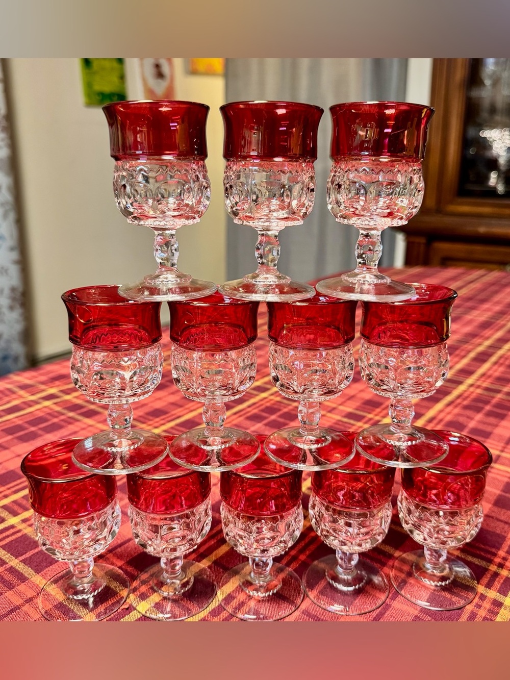 Vintage Kings Crown Ruby Flash Cordial Glasses Set of 12 | Thumbprint Goblets